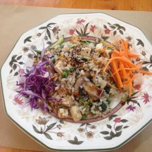 tofu and mushroom stir fry with whole rice at Hicuri in Granada