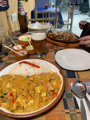 Tofu korma and vegetable fajitas (sour cream and cheese pictured is NOT vegan, ask for without)   at Chilli Heaven in Huaraz