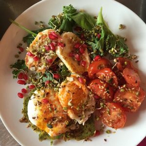 Eggs with Halloumi on homemade spinach bread at Mama Ghanoushe in Hassocks