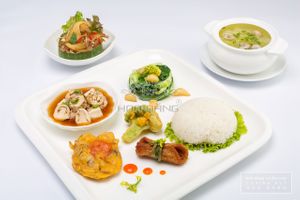 Set meal 6 ($8,75 per head)
-Deep-fried mushroom
-Deep-fried broccol
-Spring firecracker inuggets
-Banana flower salad
-Special tofu braised in clay-pot
-Napa cabbage 
-Organic white rice
-Iced tea + wet tissue included at Loving Hut Hoa Dang in Hanoi