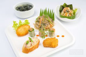 Set meal 9 ( $10 per head)
-Summer rolls
-Deep-fried corn paste
-Deep-fried tango
-Thai style papaya salad
-Toasted bread with cream sauce
-Stir-fried vermicelli
-Seaweed soup
-tap water + wet tissue included at Loving Hut Hoa Dang in Hanoi