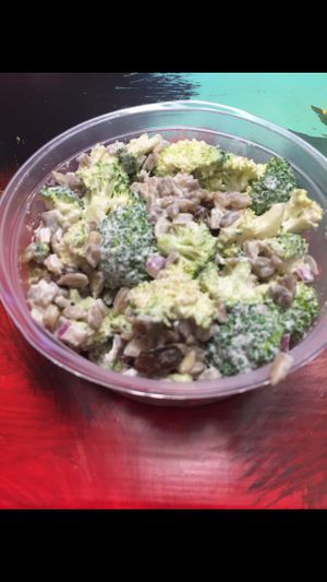 Broccoli raisin salad at Jacq N Diane's Juice Box in Holly