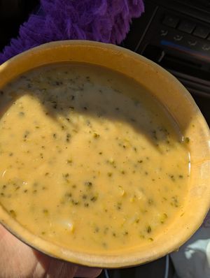Broccoli cheddar soup; so creamy at Jacq N Diane's Juice Box in Holly