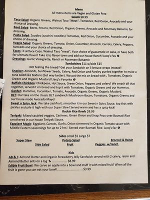 Food menu at Jacq N Diane's Juice Box in Holly