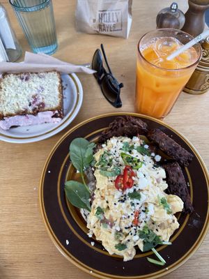 Chilli scrambled eggs with potato rosti and orange, carrot and ginger juice at Holly Raye's in Bassendean