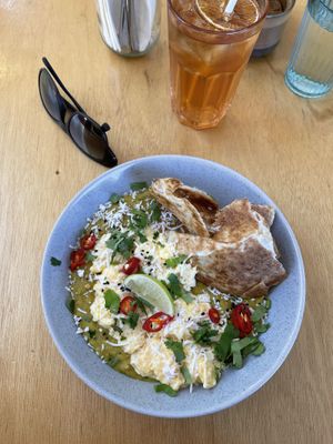 Dahl with coconut chilli eggs and roti at Holly Raye's in Bassendean