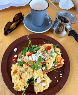 Chilli scrambled eggs and chocolate chai at Holly Raye's in Bassendean