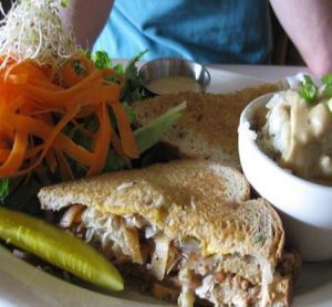 The Berliner with Mushroom Gravy Mashed Potatoes and a Salad at Sluggo's in Pensacola