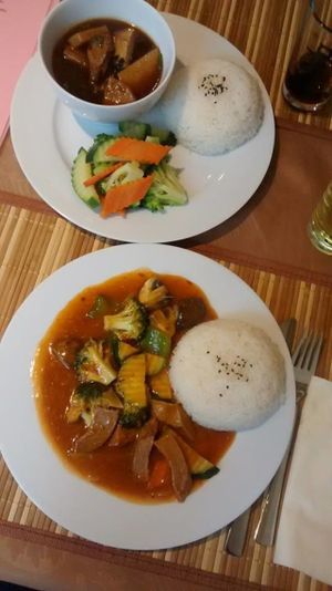 "Fish" stew on top and lemongrass spiced soy proteins at the bottom.
Both really good!! at Loving Hut in Hamburg