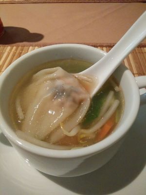 The Wonton Soup. I cannot even describe how good this tasted. It looked so bland to me, the pieces of vegetable so big. But the taste! I loved it. at Loving Hut in Hamburg