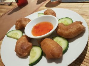 Vegan Fried Shrimps, we tasted no difference with real shrimp. Not even in the structure of it. Delicious! at Loving Hut in Hamburg