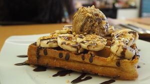 Waffle topped with Bananas and Chocolate Ice Cream - RM18 *Price depends on toppings added (as of 2017) at LN Fortunate Coffee - Solaris Mont Kiara in Kuala Lumpur