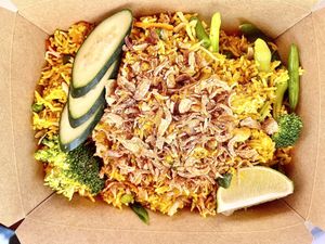 Vegan fried rice. It was OK   at Screaming Carrots in Hallandale Beach