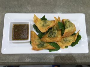 vegetable dumplings with sweet & spicy sauce at Screaming Carrots in Hallandale Beach