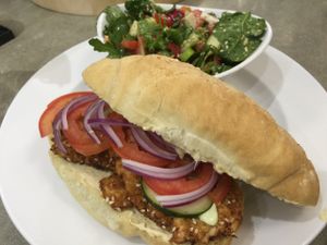 schnitzel sandwich  at Screaming Carrots in Hallandale Beach