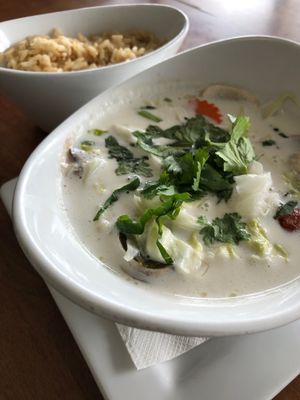 mushrooms in coconut milk soup (tom-kra hed ต้มข่าเห็ด)  at Screaming Carrots in Hallandale Beach