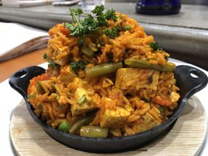 spanish paella with tofu and saffron at Screaming Carrots in Hallandale Beach