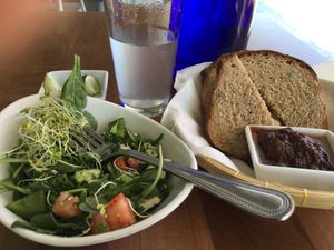 Salad and toast that comes with scrambled tofu on next pic at Screaming Carrots in Hallandale Beach