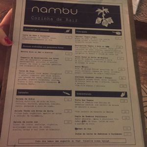 Menu at Nambu in Sao Paulo