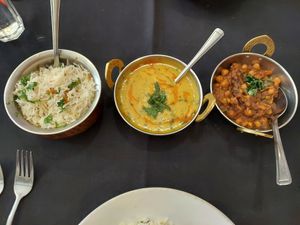 Saffron pilau rice, yellow daal tadka, channa masala at Golden Ambal in Edinburgh
