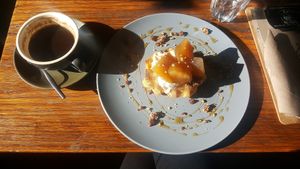 House made waffles with cream cheese and apples with a pecan crumble at Wholefoods Kitchen in Bendigo