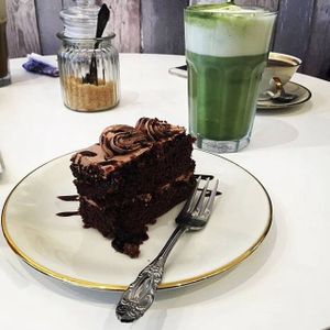 Chocolate Gateaux and Matcha Latte at Seaside Kitchen in Margate