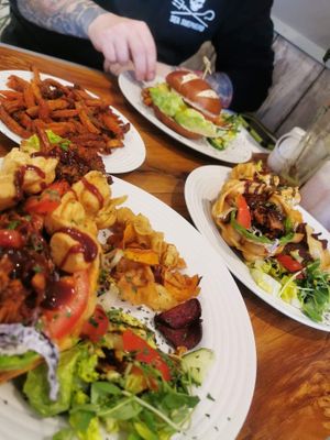 BBQ Bubble Waffles, Sweet Potato Fries and Chicken Burger at Seaside Kitchen in Margate
