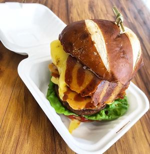 Vegan double cheeze burger with extra bacon at Seaside Kitchen in Margate