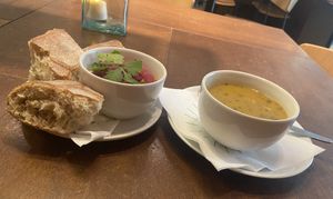 Soup deal for €8,95 with hummus & bread (very good) and Tom Kha soup (good, but contains some hard bits of veggies) at SLA - Voorstraat in Utrecht