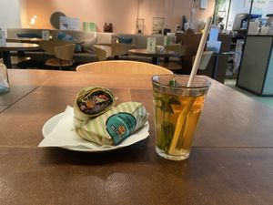 Middle feast wrap (vegan version, tasty) and homemade ice-tea (quite nice, but sweeter than expected)  at SLA - Voorstraat in Utrecht