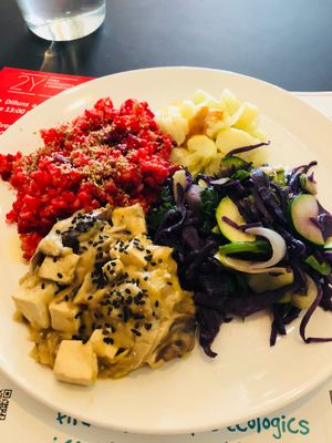 Rice with beetroot,cauliflower,tofu with mushrooms, purple cabbage at 2Y Restaurante in Barcelona