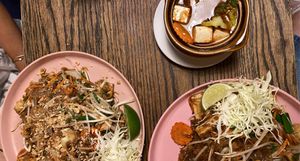 Vegan pad thai and vegan tom yum soup! 😊 best pad thai I’ve ever had  at Pai Toronto in Toronto