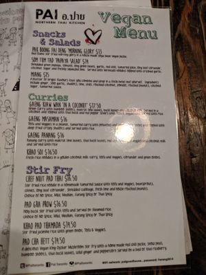Vegan menu at Pai Toronto in Toronto
