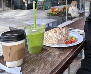 Coffee (left), Peaches & Greens Smoothie (middle), and Southwest Quesadilla (right)  at Fruitive - Palmer Alley in Washington