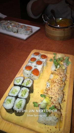 Spicy Avocado roll (top left), cucumber roll (bottom left) & April roll (right) at Sushi Jin in Silver Spring