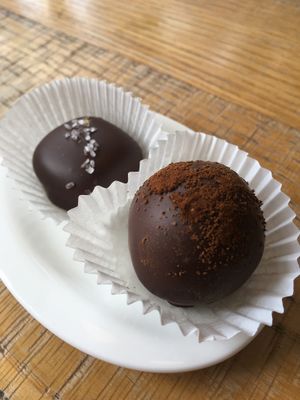 Housemade chocolates-espresso truffle and salted caramel. at B52 Cafe in Pittsburgh