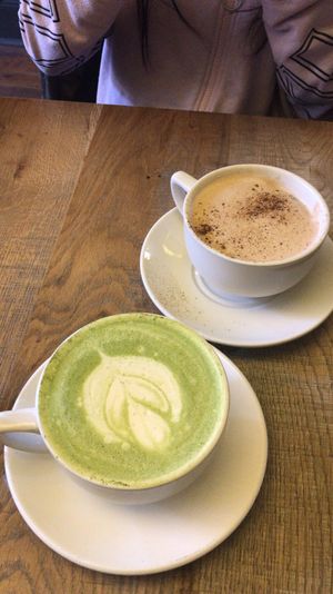 Chai latte and matcha latte, both with house almond milk. at B52 Cafe in Pittsburgh