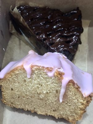 Chocolate cake for him, lemon cake for her.  at Erin McKenna's Bakery in New York City