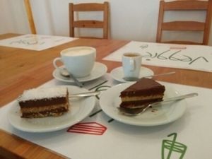 Coconut-carob and Mint chocolate cakes at Veggie Nyers in Budapest