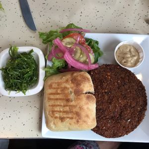 falafel burger with seaweed salad at The Little Mermaid Cafe in Homer