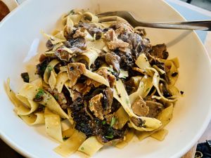 Mushroom, truffle oil, seitan, fetuchini pasta vegan   at Shop 225 Pizzeria in Pascoe Vale South