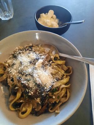 Creamy mushroom pasta with vegan parmesan. Delicious at Shop 225 Pizzeria in Pascoe Vale South