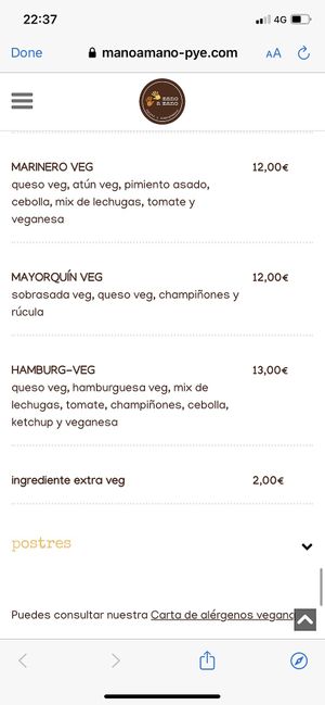 Menu at Mano a Mano in Murcia