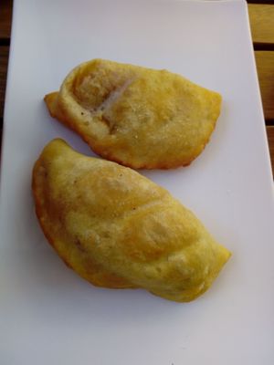 Vegan tuna pastry and vegetable and vegan cheese pastry. Greasy, but yummy. at Mano a Mano in Murcia