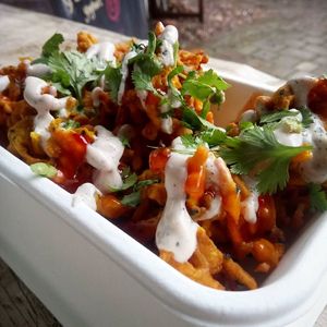 Sweet Potato Pakoras with mint and tamarind yoghurt dressing at Numinums in Nottingham