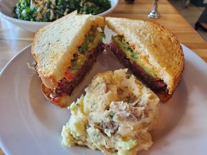 Awesome Burger with Potato Salad.  All vegan. All gluten free at Love Food Central in St Petersburg