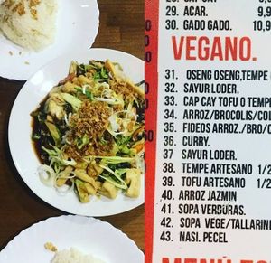 Tofu noodle dish and rice with the vegan options highlighted on the menu at Casa Ari in Gran Canaria