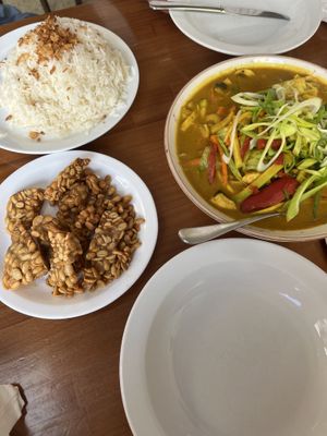 double rice portion, curry, and tempeh on the side  at Casa Ari in Gran Canaria