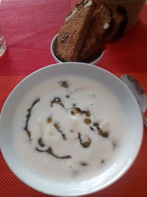 1st course: ajoblanco (cold garlic and almond soup) at Awa Viva - Biofood in Gran Canaria
