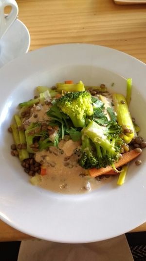 My favorite, Green stir fry with Tahini sauce over Green Lentils.  at Awa Viva - Biofood in Gran Canaria